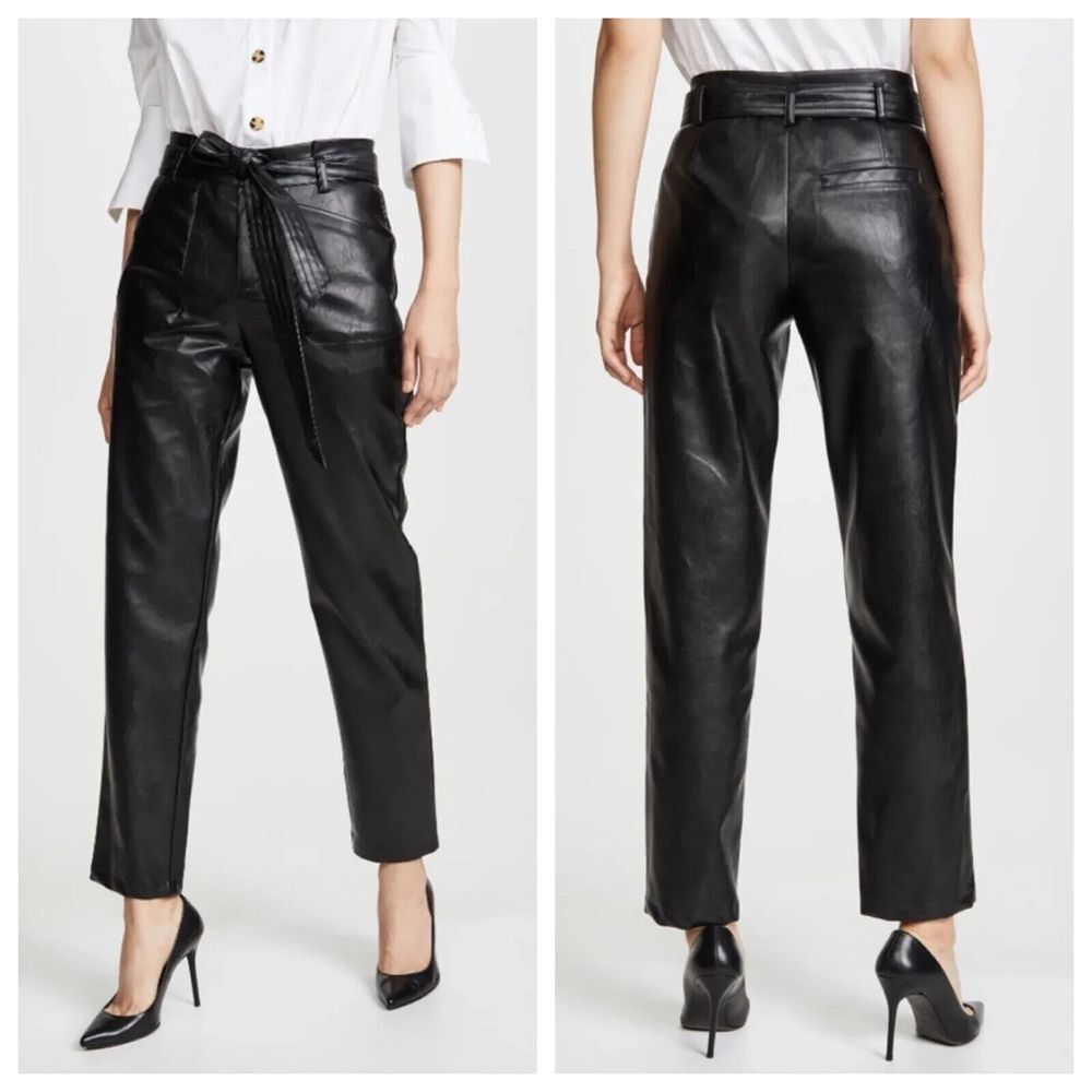 ALEXIS  Castile Black Vegan Faux Leather sz.L Belted Straight Leg Pants Trousers